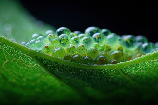 A close-up of translucent frog eggs attached to a vibrant green leaf, showcasing the intricacies of nature's design.