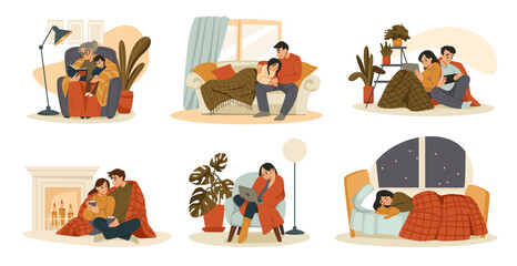 People in blanket. Cold winter home. Health warm heat in house. Woman sitting on sofa at heater. Couple hugging. Shivering in room. Man reading book or sleeping on bed. Vector concepts set