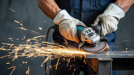 Industrial worker using angle grinder to cut metal, creating bright sparks while wearing protective gloves in a workshop