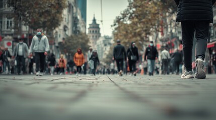 People in jackets walk along the bustling street under city trees, and the people create vibrant street energy. The city street buzzes with people and urban movement.
