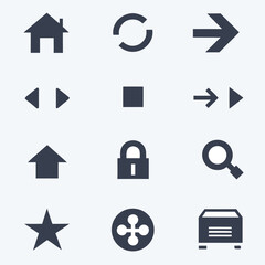 Collection of dark blue vector icons on a light gray background including house arrows lock star and search