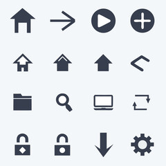 Collection of dark blue web interface icons on a light grey background vector