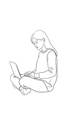 Casual line art of a girl sitting and using a laptop