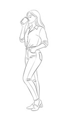Fototapeta premium Stylish line art of a woman drinking coffee, enjoying a moment of relaxation