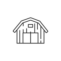 A simple black and white line drawing of a barn with a gambrel roof and a door