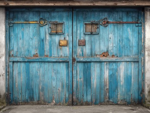 Weathered double wooden doors painted blue, showing signs of age and wear