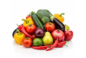 Colorful Assortment of Fresh Fruits and Vegetables Isolated on White Background