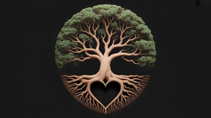 Stylized tree with heart-shaped roots on black background.