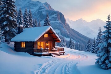 Fototapeta premium A quiet, snow-covered cabin nestled in a winter wonderland, perfect for a peaceful reserved holiday getaway Enjoy the serene atmosphere and breathtaking natural beauty , new year, reserved, sky
