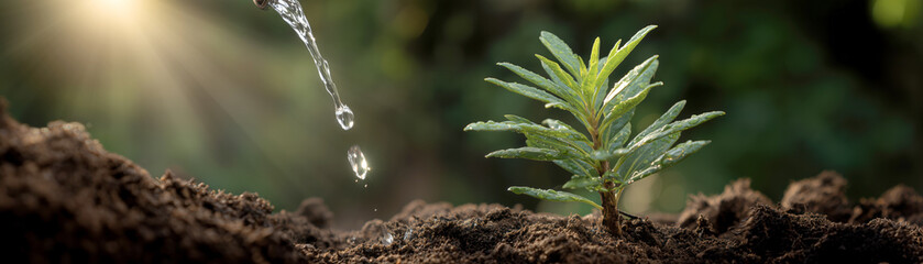 Watering new seedling in lush forest nature close-up