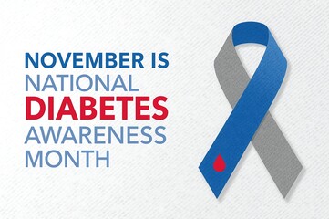 November is national diabetes awareness month with blue and grey ribbon and red heart symbol promoting understanding and support