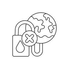 An open padlock with a water drop a circled X and a stylized globe