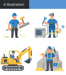 Four illustrated figures representing different construction and industrial workers performing their respective tasks.