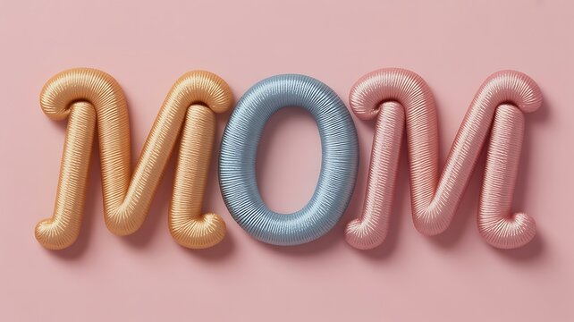 Mom word in pastel yarn wrapped letters on a pink background mother motherhood