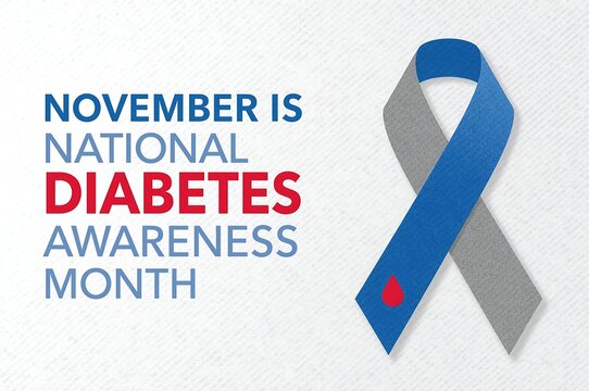 November is national diabetes awareness month with blue and grey ribbon and red heart symbol promoting understanding and support