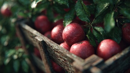 Orchard Adventure Theme: Apple picking in orchard rows with wooden basket in countryside farm  
