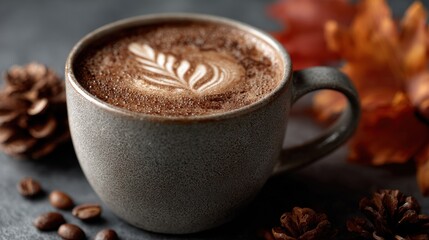 Seasonal Drink Theme: Fall coffee with latte art in a ceramic cup in cafe table