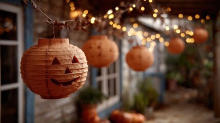 Family Fun Theme: Pumpkin carving with glowing lanterns in backyard  
