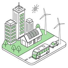 Vector art of isometric illustration of a sustainable city with green energy solutions, featuring wind turbines, solar panels, electric buses, and cars, ecofriendly urban living concept