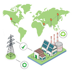 Vector art of isometric illustration of a sustainable energy ecosystem with power plants, solar panels, and transmission towers, connected to a global network, promoting green energy solutions