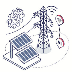 Vector art of isometric illustration depicting the integration of solar panels with smart power grids, enhanced by artificial intelligence and wireless communication