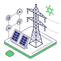 Vector art of isometric illustration showcasing the integration of solar panels with power grids, enhanced by artificial intelligence and green energy solutions