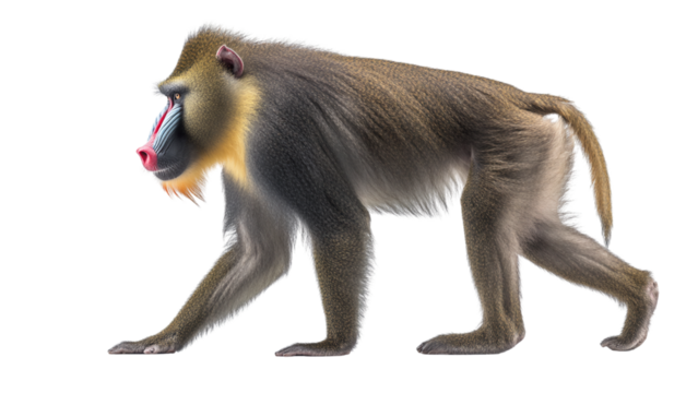 A striking profile view of a mandrill monkey with its colorful face and fur against a solid black background