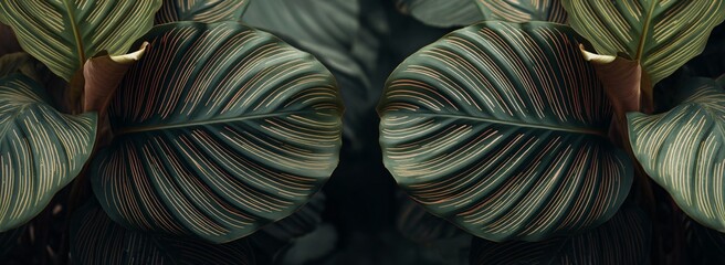 Symmetrical Calathea Ornata Leaves Displaying Delicate Pink Stripes and Deep Green Coloration Emphasizing Symmetry and Botanical Beauty. Generative AI