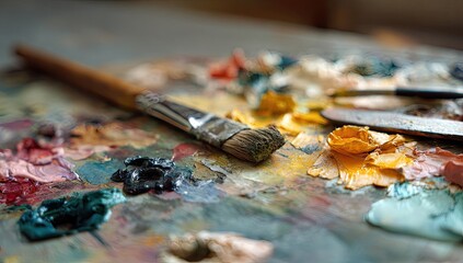 Obraz premium Close-up of a painter's palette, covered in vibrant colors of oil paint, with a brush