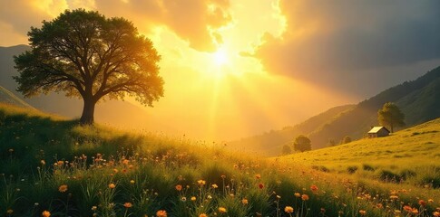A serene landscape bathed in golden sunlight, suggesting divine presence and spiritual peace Perfect for themes of faith, meditation, and connection with the divine , sunlight, grass