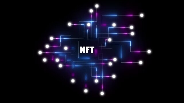 Abstract NFT Transaction Visual, Token Data Flow Across a Technology Circuit Board with Purple Glowing Lines. A Seamless Loop Animation Showcasing Digital Ownership and Blockchain Innovation