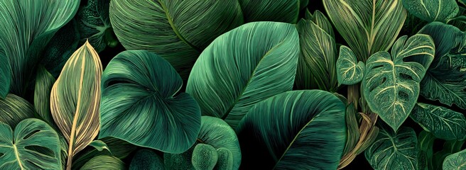 Lush Tropical Foliage in Verdant Hues A Botanical Symphony of Textures and Deep Greens. Generative AI