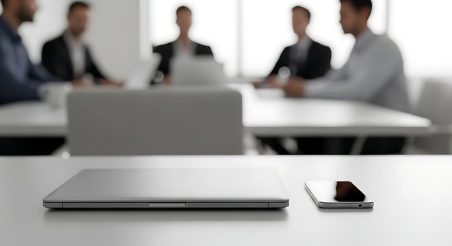 Modern Conference Room with Laptops and Smartphone in Business Meeting Setting
