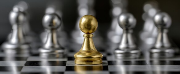 The golden pawn stands out among silver chess pieces symbolizing strategy and competition.