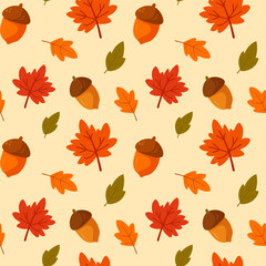 Autumn leaves and acorns seamless pattern