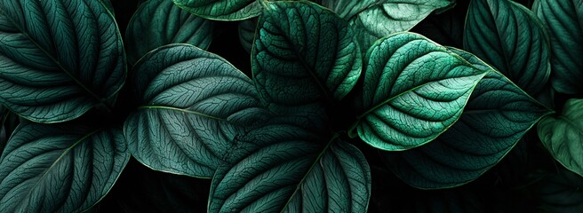 Lush Greenery A Close Up View of Vibrant Textured Tropical Leaves in Deep Emerald and Forest Green Hues. Generative AI