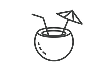 Coconut drink thin line icon. Summer beach vacation concept. Tropical cocktail with straw and umbrella. Healthy fresh beverage. Exotic refreshment vector illustration. Outline logo.