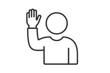 Vector icon of a person raising their hand to ask or answer a question. Concept for volunteer, student, participation, voting, help, and support. Simple minimal character pictogram.