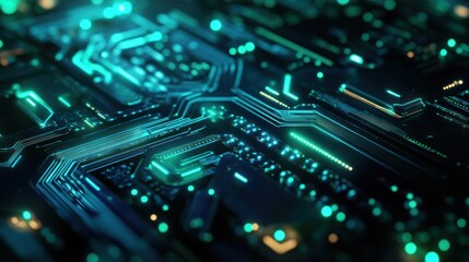 Abstract circuit board with glowing neon blue and green digital pattern