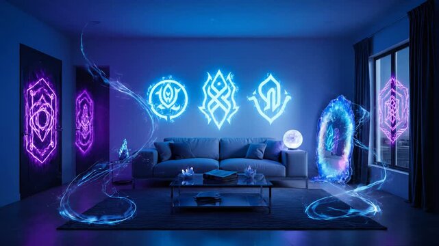 Living room with evolving magical symbols, glowing runes, and interdimensional portal forming beside window, mystical interior animation.