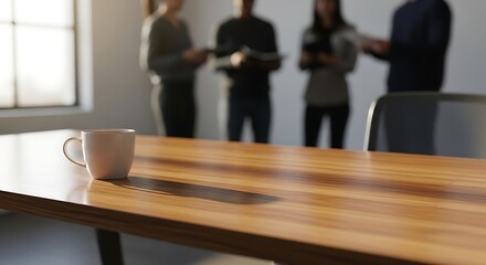 Fototapeta premium Modern Office Conference Room with Wooden Table and White Mug with Group of People in Background