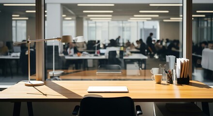 Naklejka premium Modern Office Desk with Lamp Notebook Coffee Mug and Stationery in Bright Conference Room
