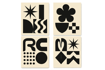 Minimalism geometric poster cover set. A4 banners with brutalism bold shapes, star, flower elements. Creative patterns and modernism art design with a Y2K aesthetic.