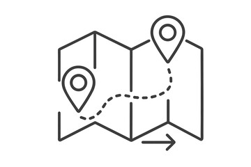Map route with location pins. Gps navigation. Trip, journey, travel concept. Destination and direction. Start to finish path. Transportation and logistics. Thin line vector icon.