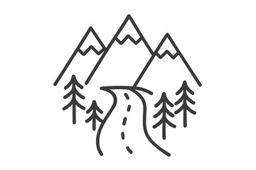 Mountain road icon. Winding highway path going to the peaks through a pine forest. Thin line vector illustration. Concept for travel, adventure, journey, vacation, road trip.