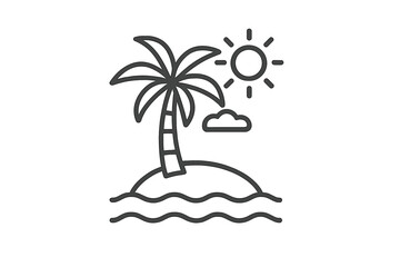 Palm tree on island with sun and ocean waves vector line icon. Simple outline symbol for summer vacation, tropical destination, holiday, beach, travel, paradise, seaside.