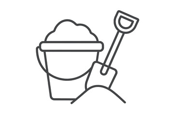 Sand bucket and shovel kids toy icon. Vector thin line illustration of a pail for beach and playground. Symbol of children's summer leisure, seaside vacation, and outdoor play.