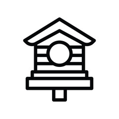 Outlined birdhouse icon with a pointed roof circular opening horizontal slats and a square base on a small post