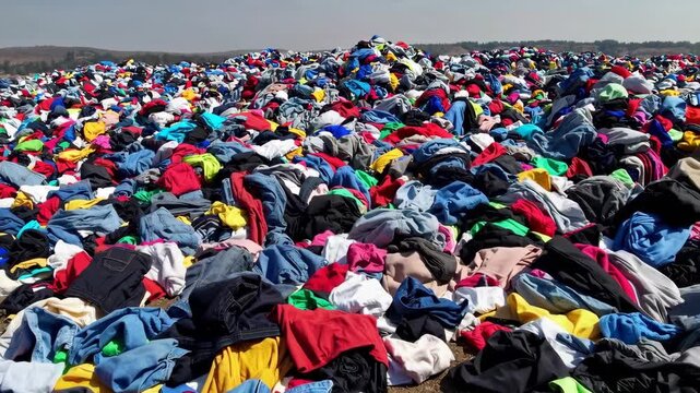 Massive landfill filled with colorful piles of discarded clothes from fast fashion waste industry