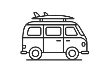 Retro summer surf van with surfboards. Camper bus for beach vacation and road trip adventure. Hippie travel vehicle icon. Outdoor lifestyle and surfing concept line art vector.
